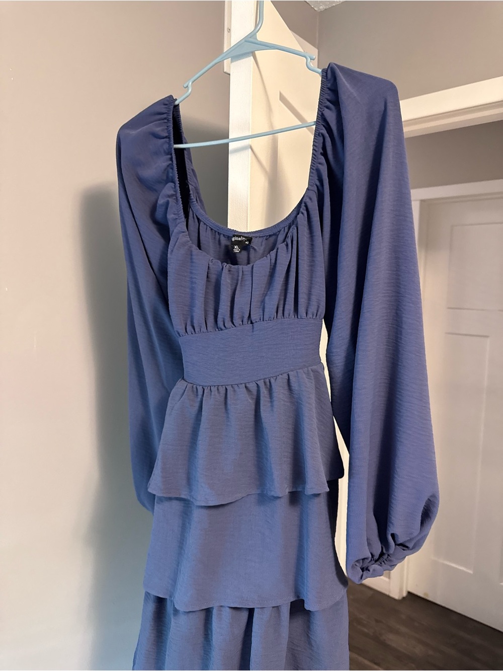 Dry Goods Blue Tiered Peplum Maxi Dress with Balloon Sleeves